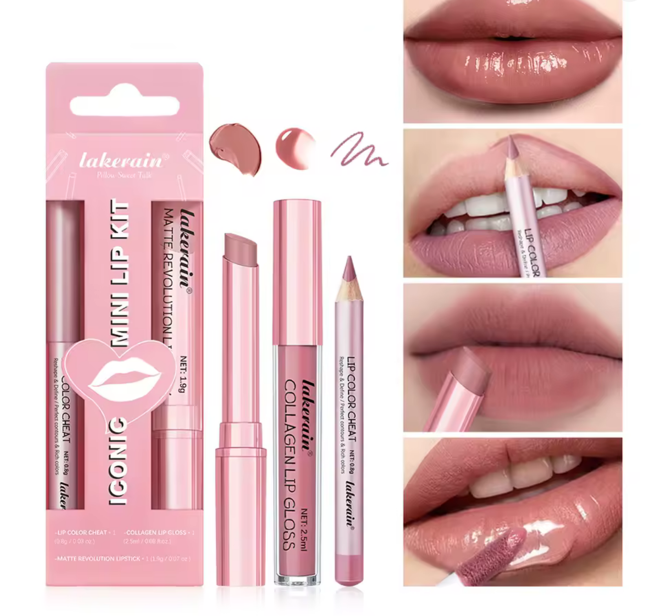 Natural Pink Waterproof Lipliner, Lipstick & Lip Gloss Kit
