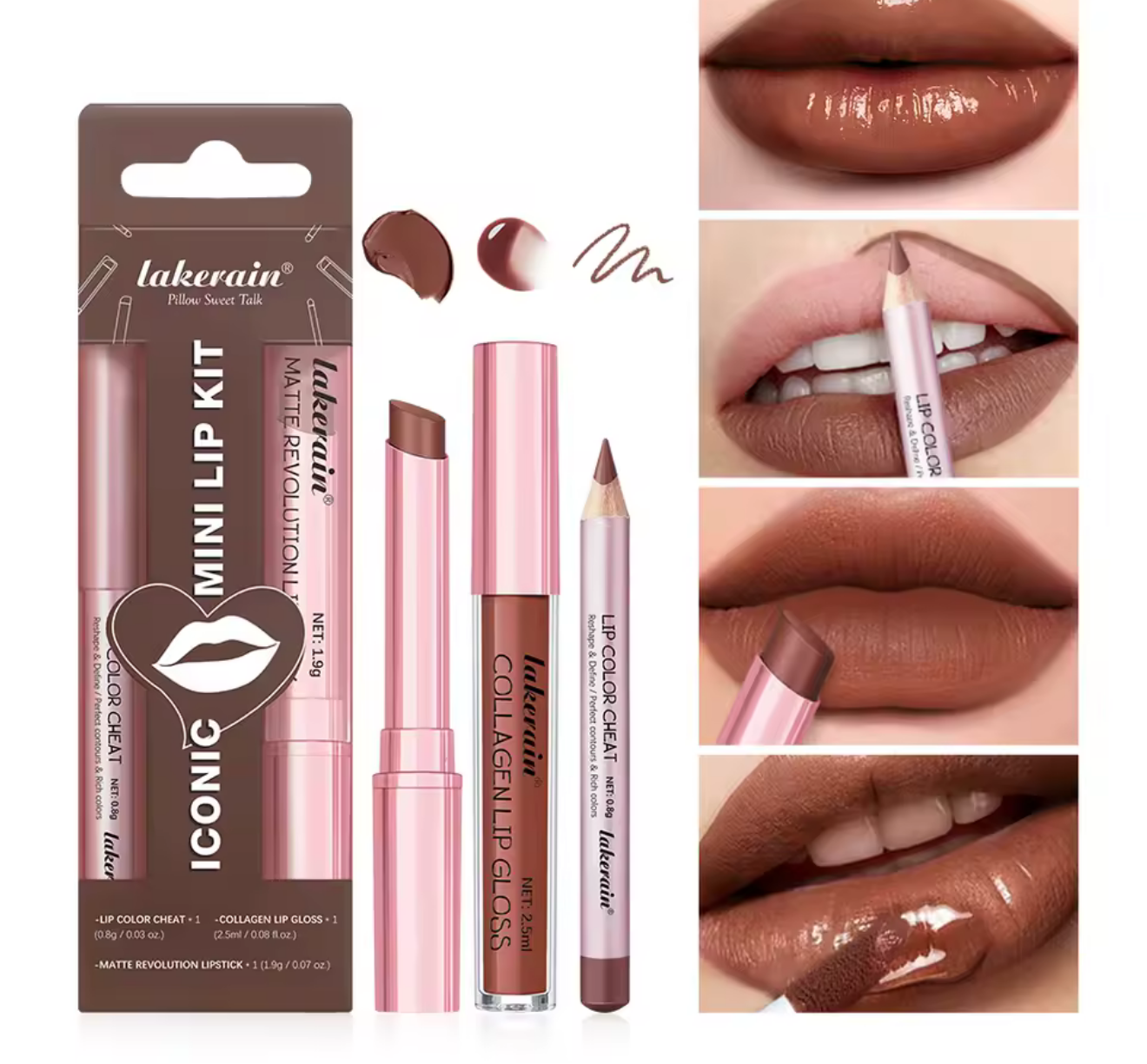 Natural Nude Waterproof Lipliner, Lipstick & Lip Gloss Kit